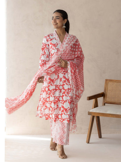 Red Handblock Printed Suit Set