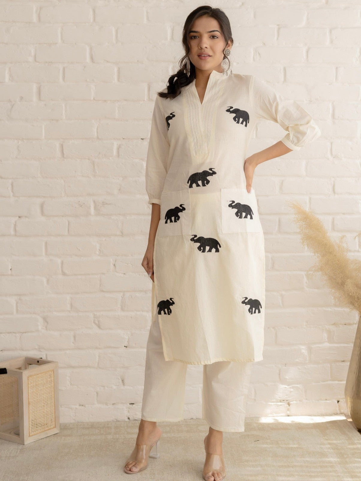 White Hathi Embroidered Kurta Set