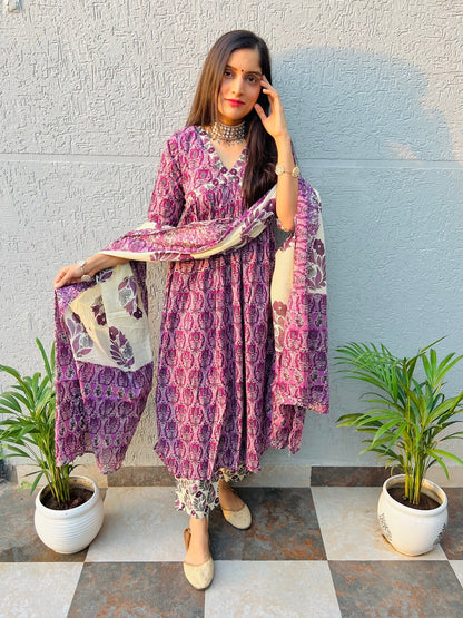 Purple Alia Handblock Suit Set