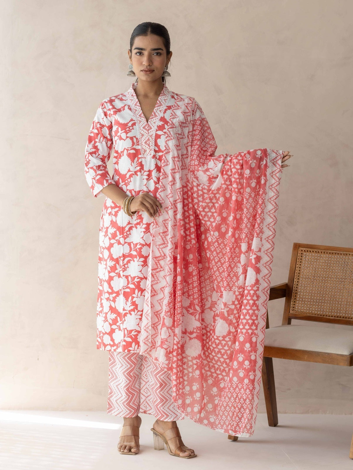 Red Handblock Printed Suit Set