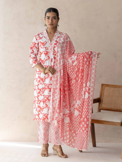 Red Handblock Printed Suit Set