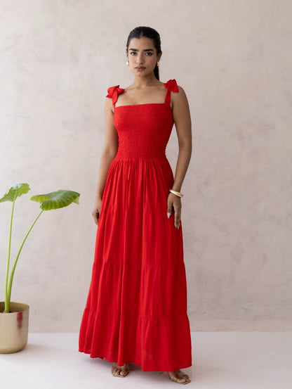 Red Smocked Tier Dress