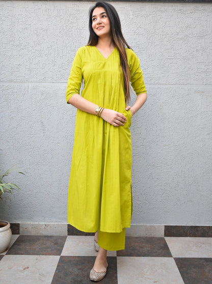 Lime Pintuck Cotton Kurta Set