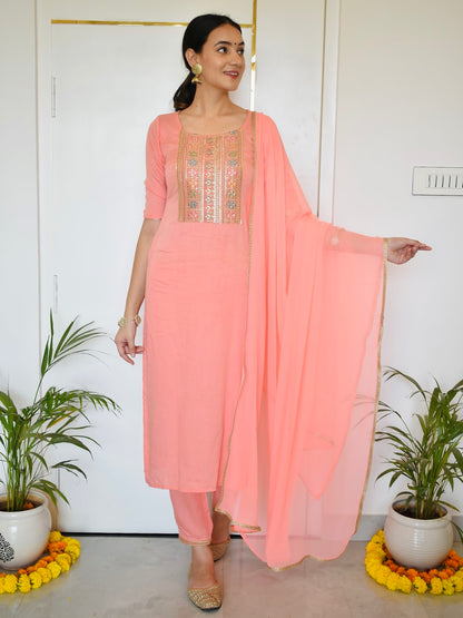 Peach Embroidered Suit Set