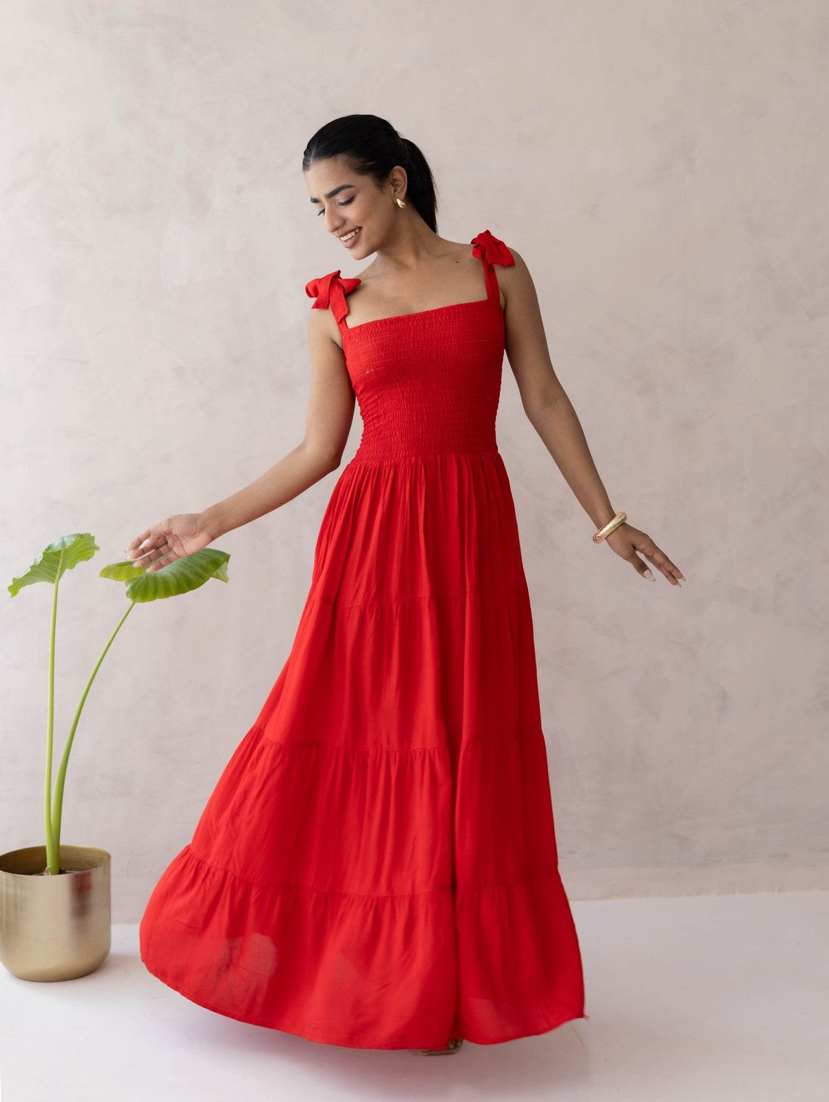 Red Smocked Tier Dress