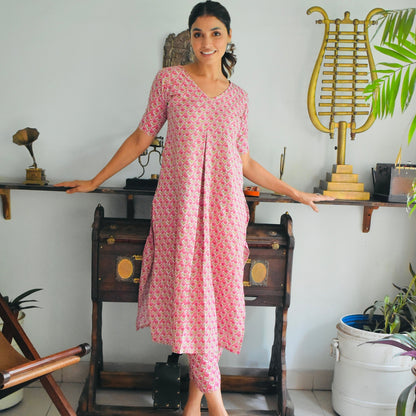 Pink Kantha Embroidered Kurta Set