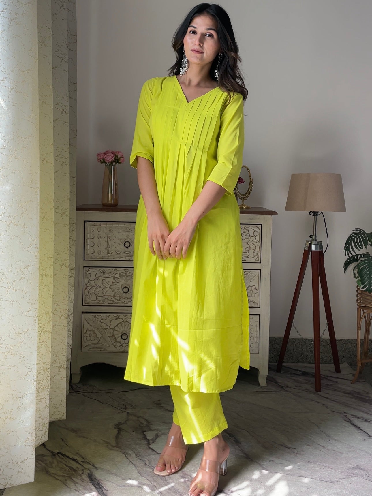 Lime Pintuck Cotton Kurta Set