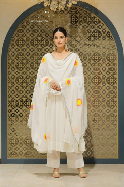 White Mulmul Handpainted Anarkali Suit Set