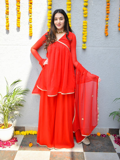 Bright Red Georgette Suit Set