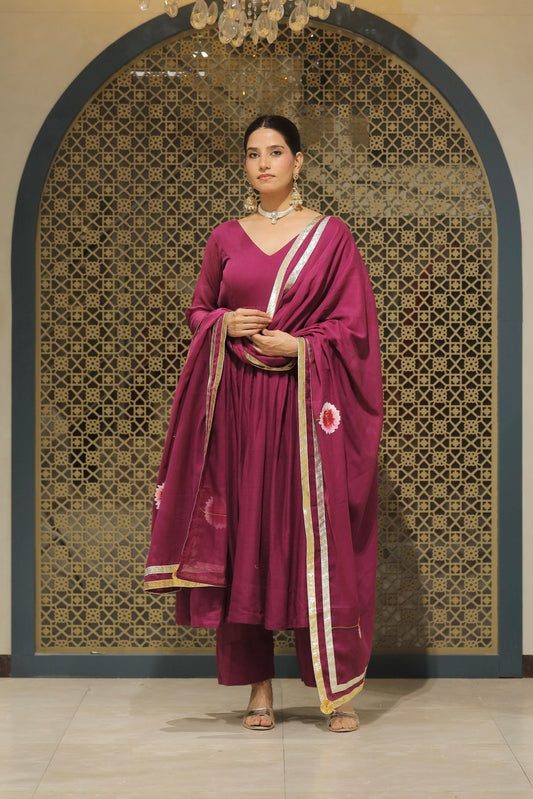 Jamuni Mulmul Handpainted Anarkali Suit Set