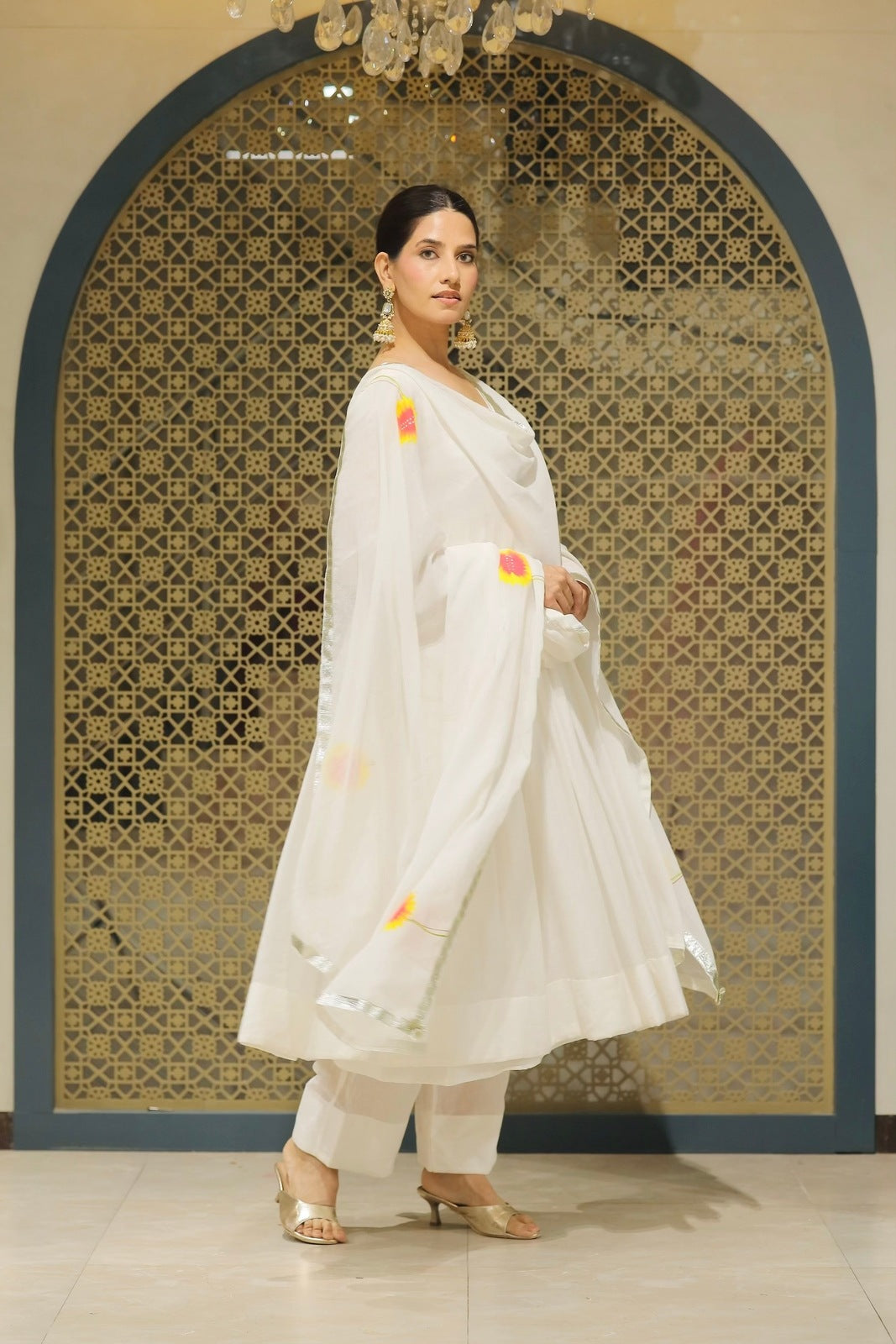 White Mulmul Handpainted Anarkali Suit Set