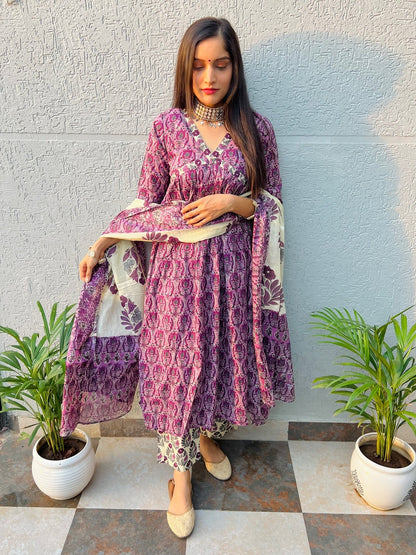 Purple Alia Handblock Suit Set