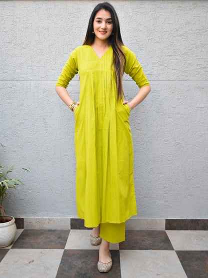 Lime Pintuck Cotton Kurta Set