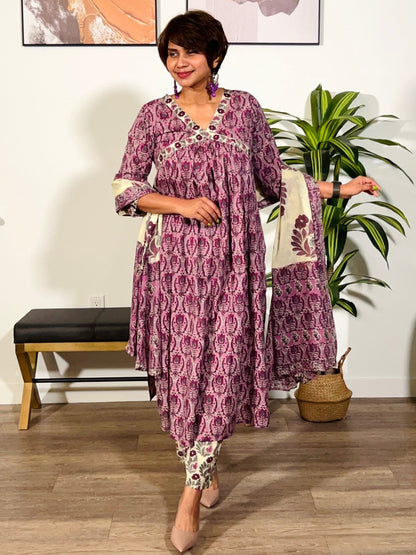 Purple Alia Handblock Suit Set
