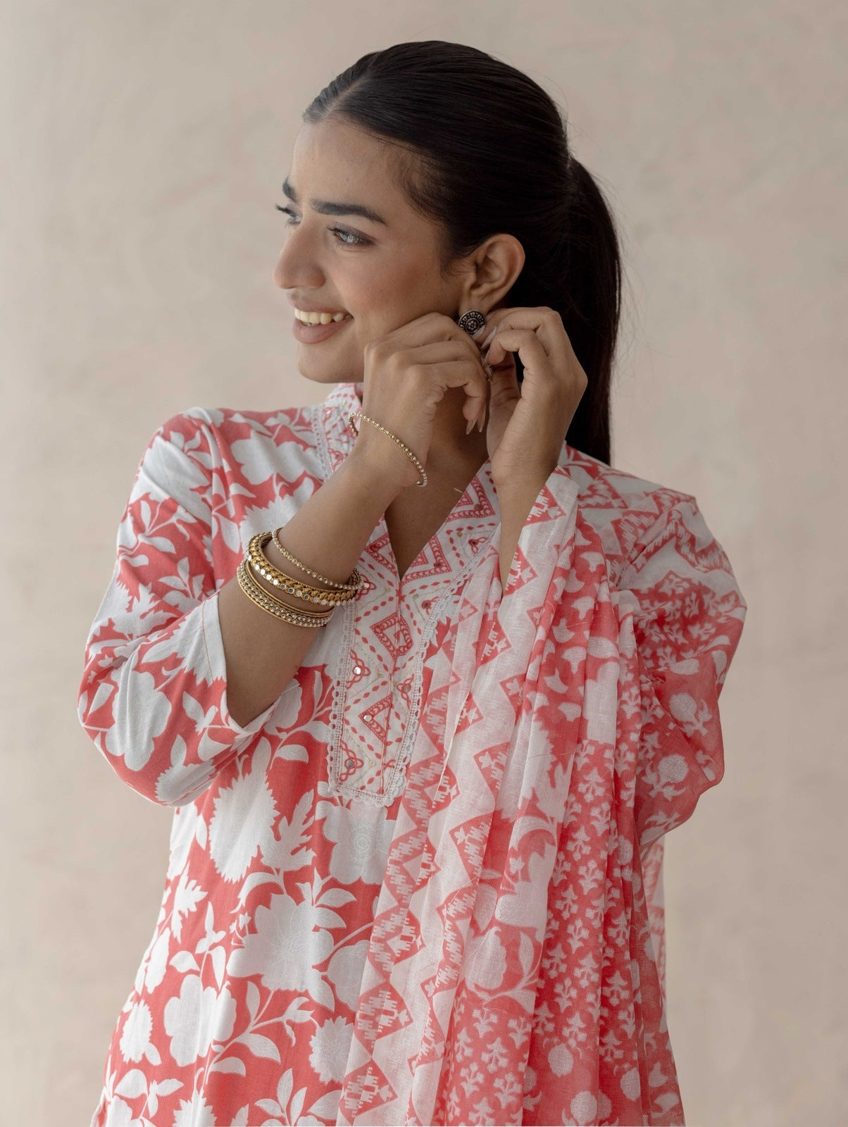 Red Handblock Printed Suit Set