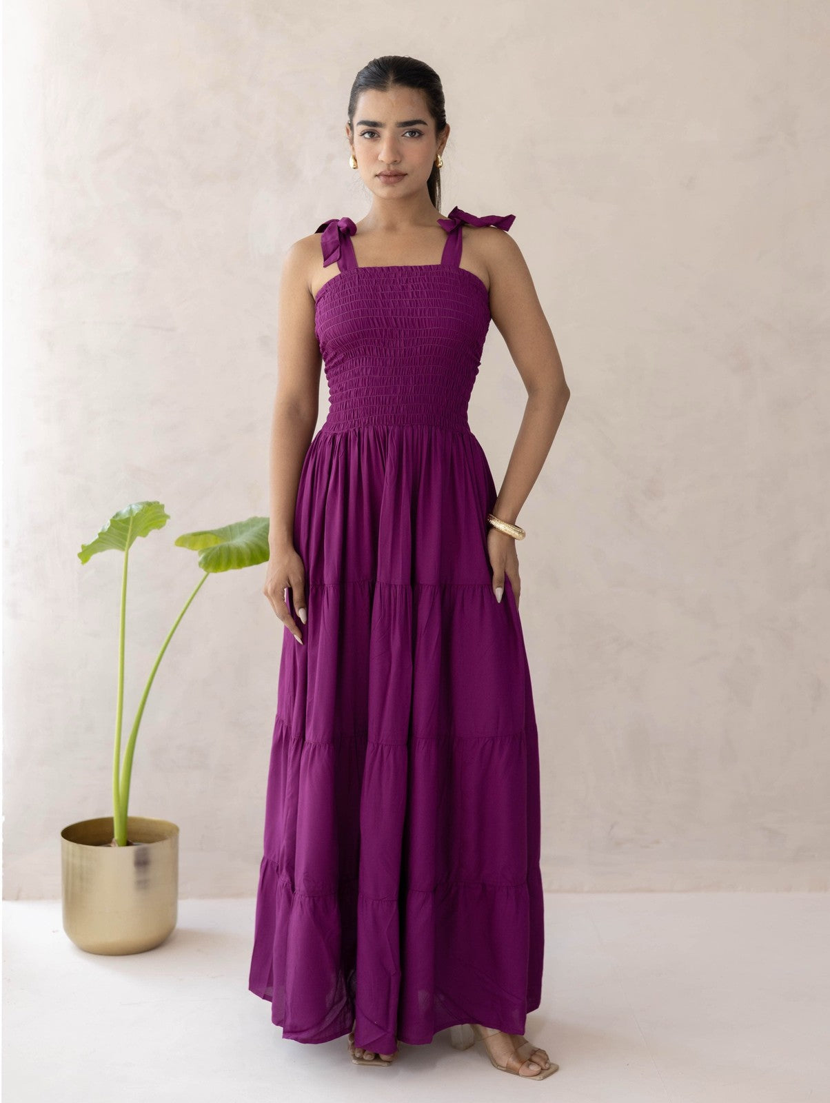 Wine Smocked Tier Dress