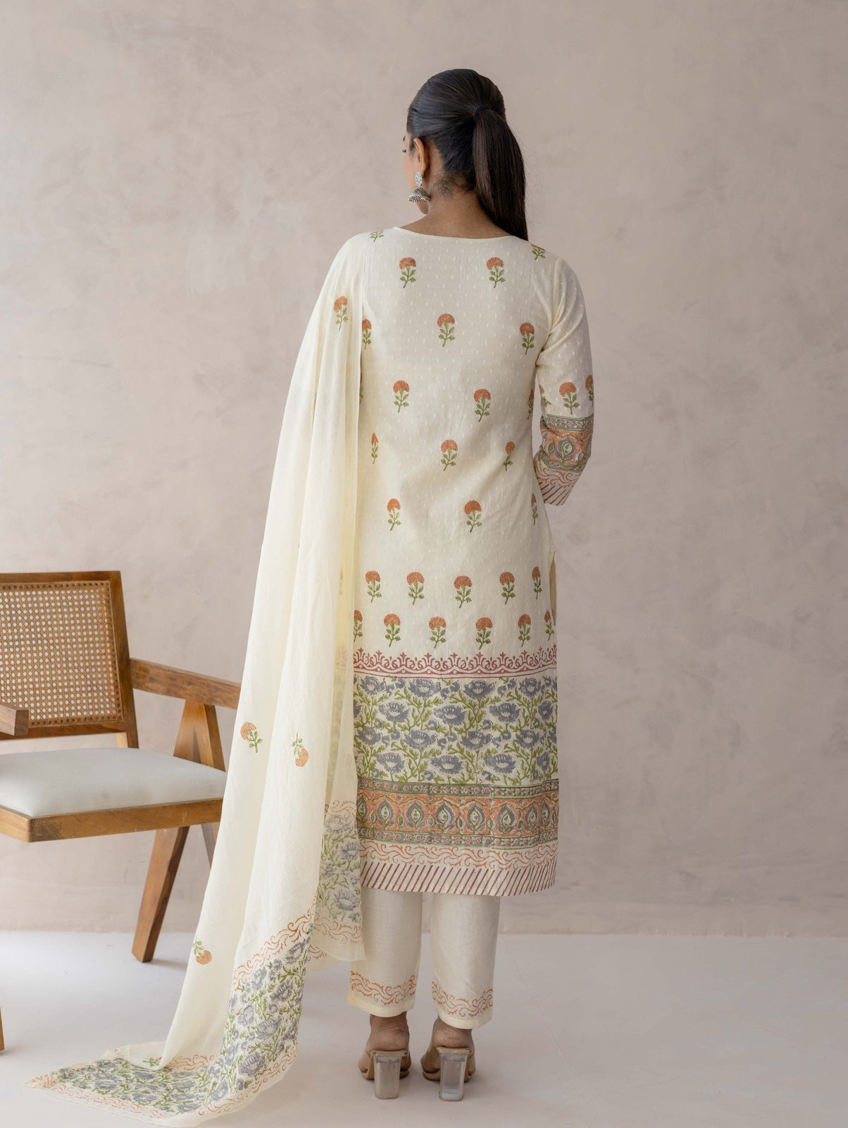 White Dobby Handblock Suit Set