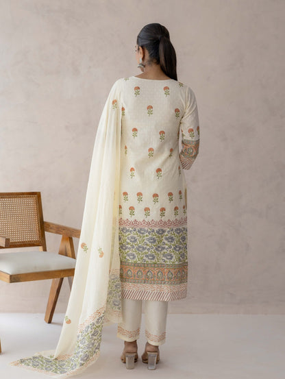 White Dobby Handblock Suit Set