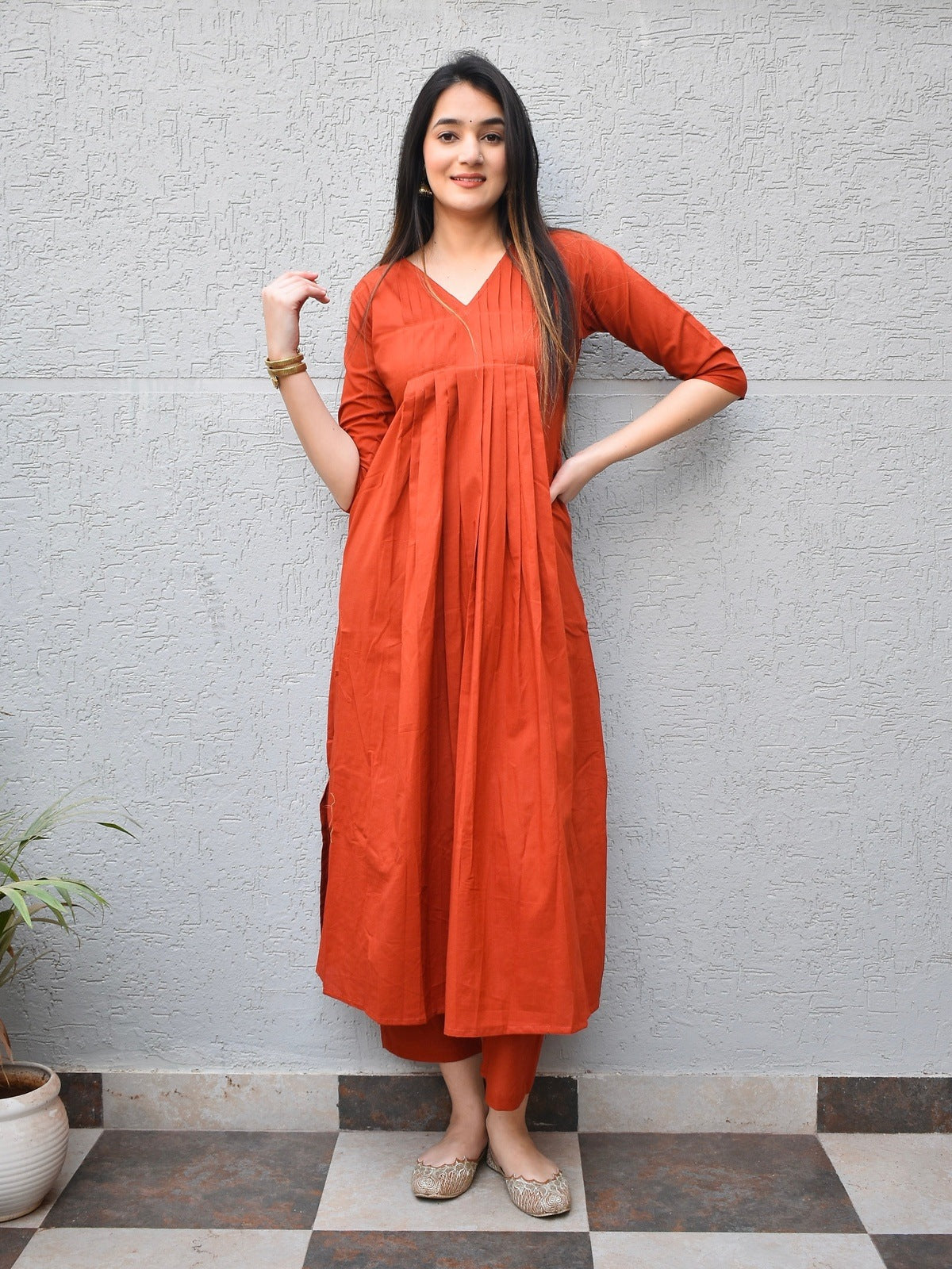 Rust Pintuck Cotton Kurta Set