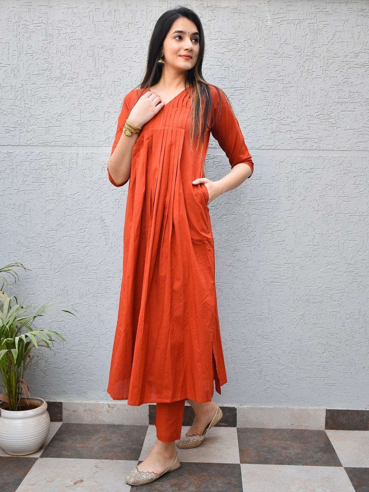 Rust Pintuck Cotton Kurta Set