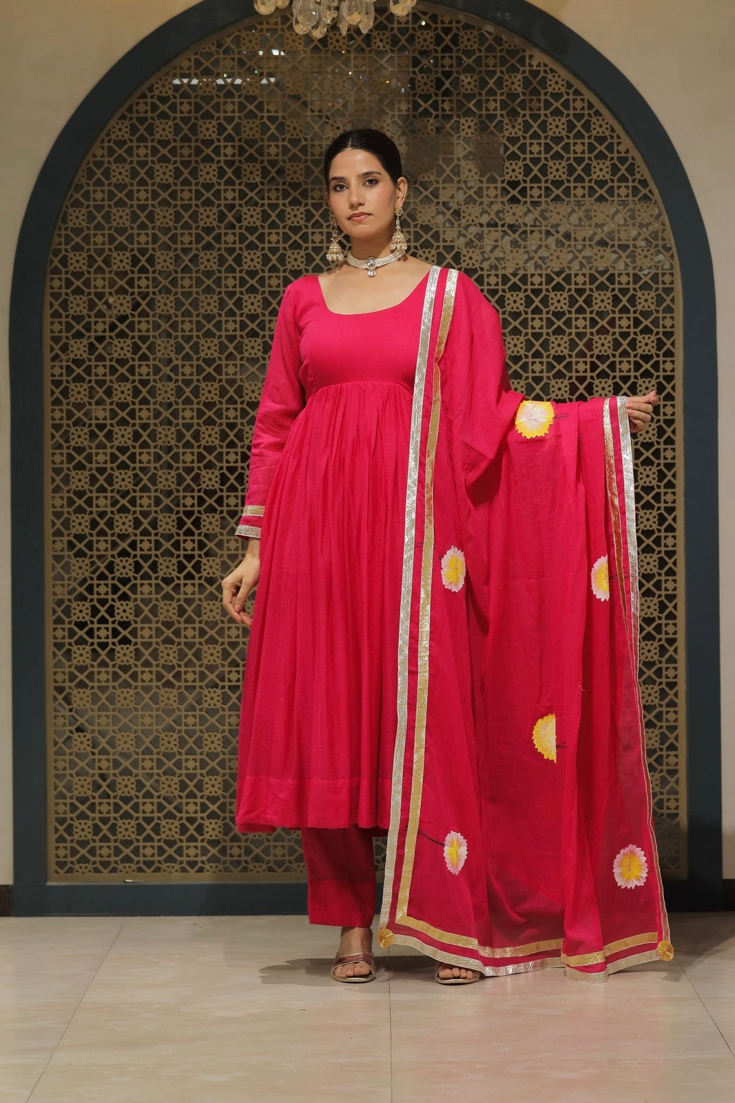 Pink Mulmul Handpainted Anarkali Suit Set
