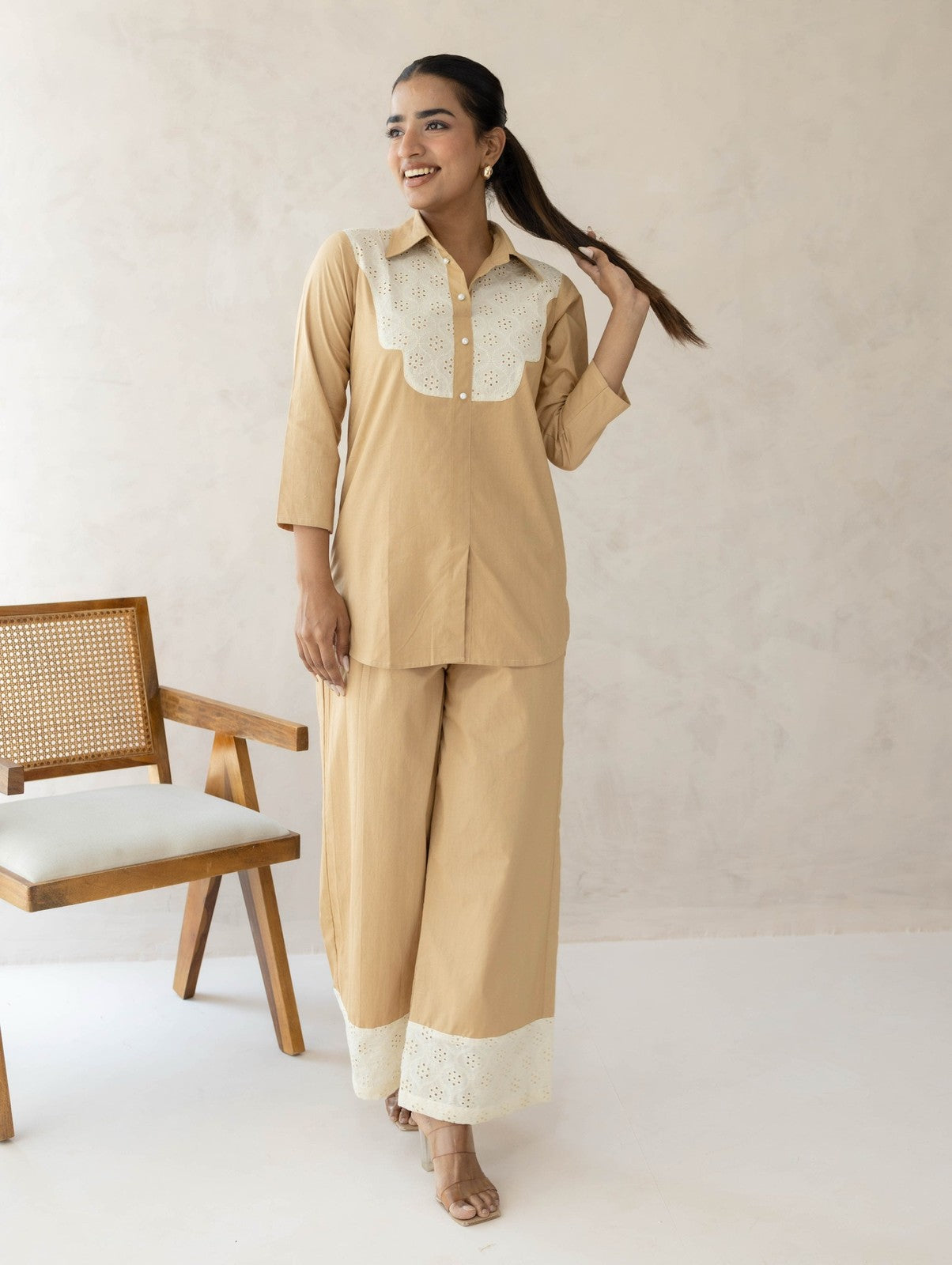 Beige Schiffli Cord Set