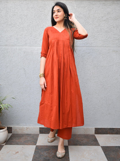 Rust Pintuck Cotton Kurta Set