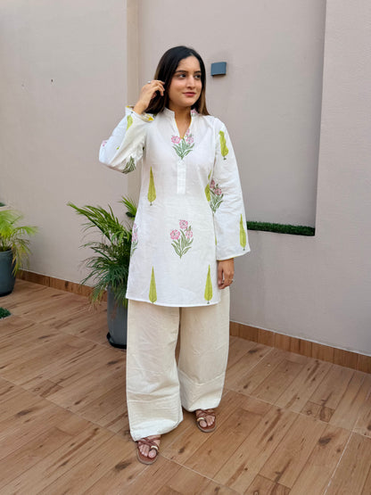 White Handblock Cotton Farshi Cord Set