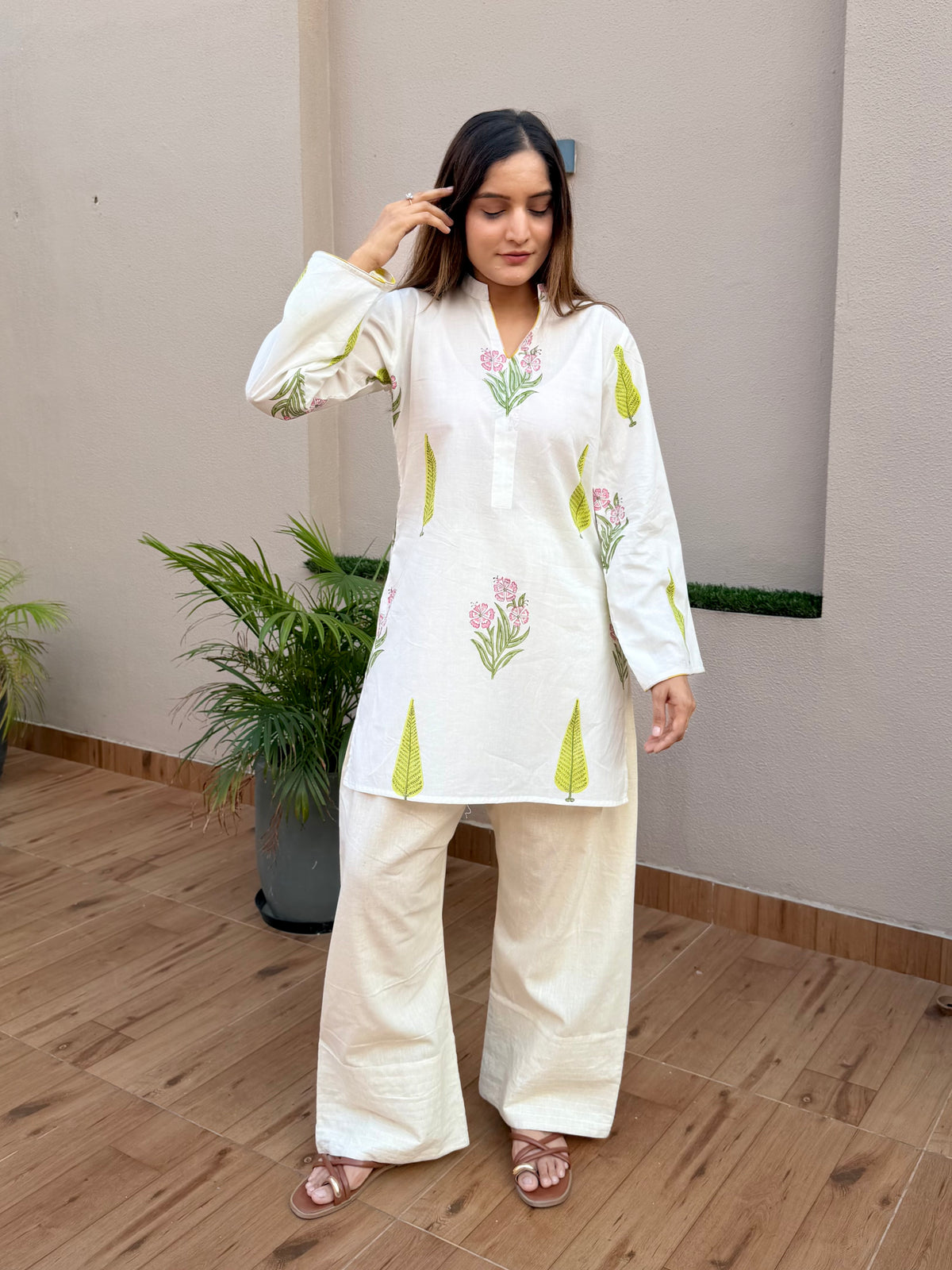 White Handblock Cotton Farshi Cord Set