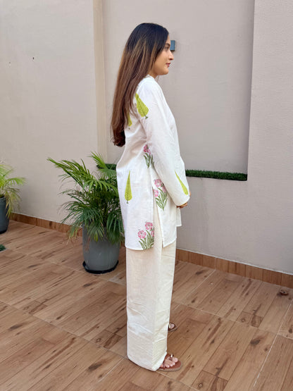 White Handblock Cotton Farshi Cord Set