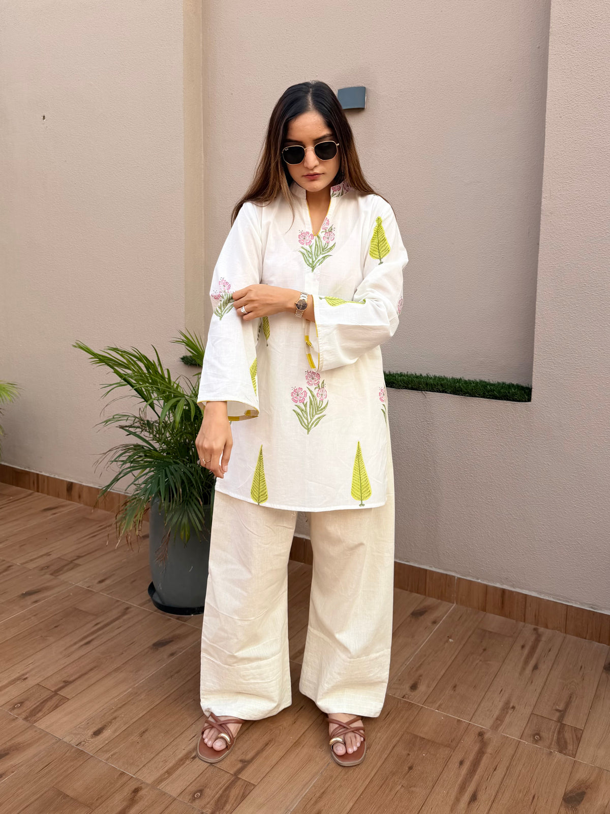 White Handblock Cotton Farshi Cord Set