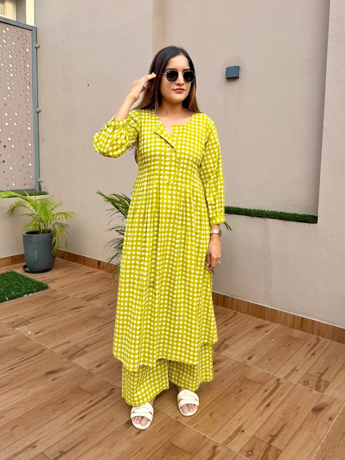 Green Checks Printed Kurta Set