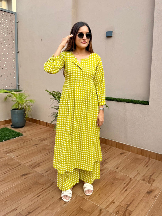 Green Checks Printed Kurta Set