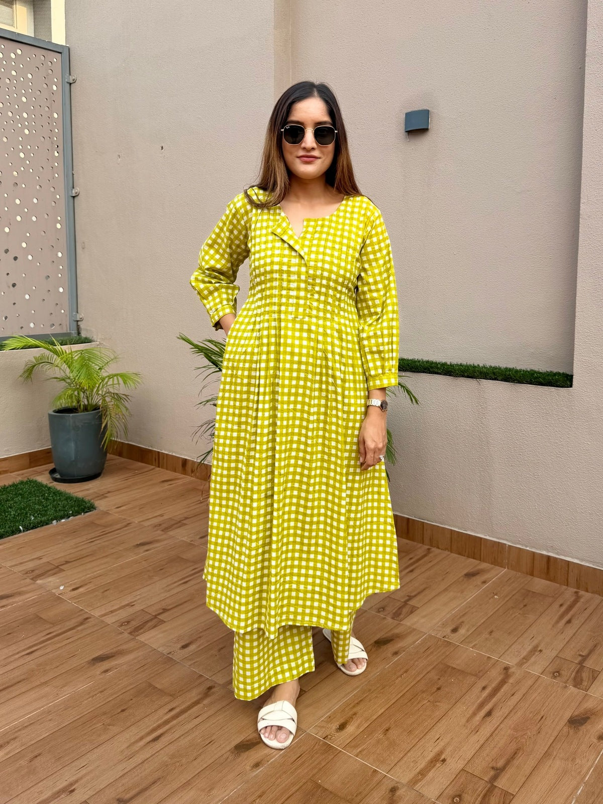 Green Checks Printed Kurta Set