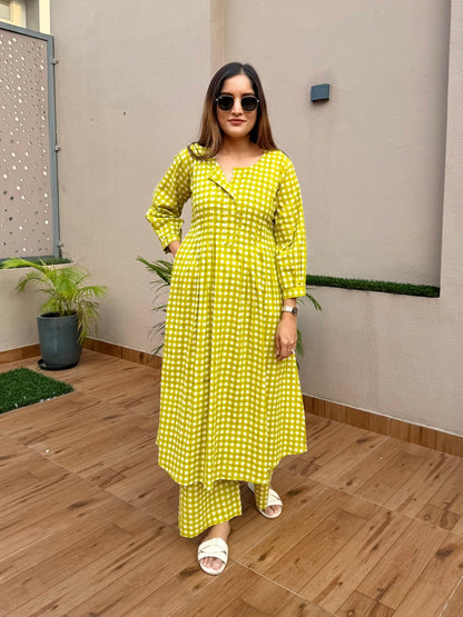 Green Checks Printed Kurta Set