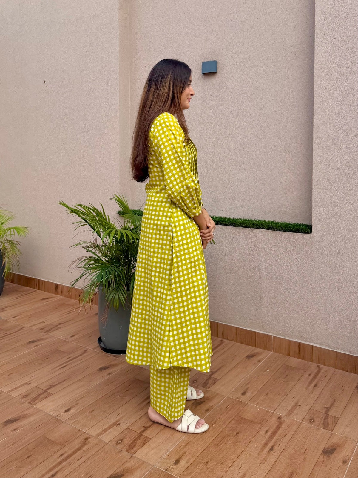 Green Checks Printed Kurta Set