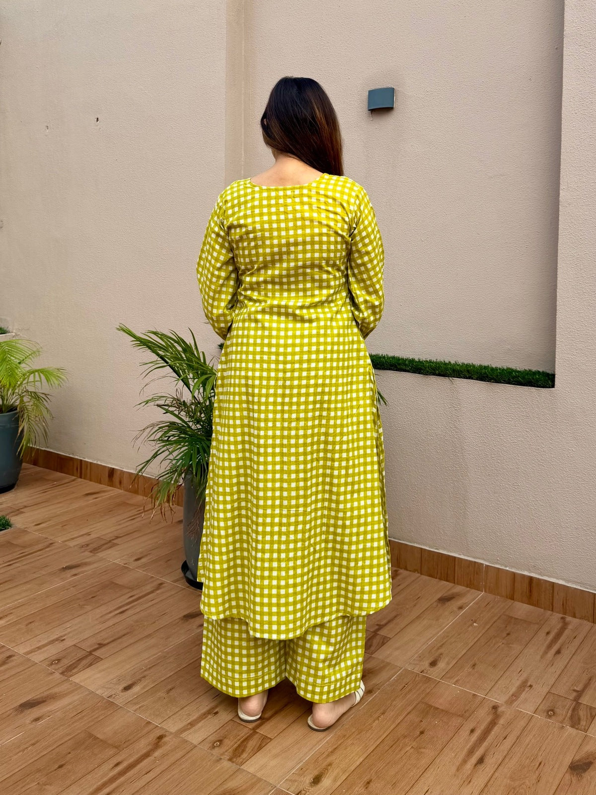 Green Checks Printed Kurta Set