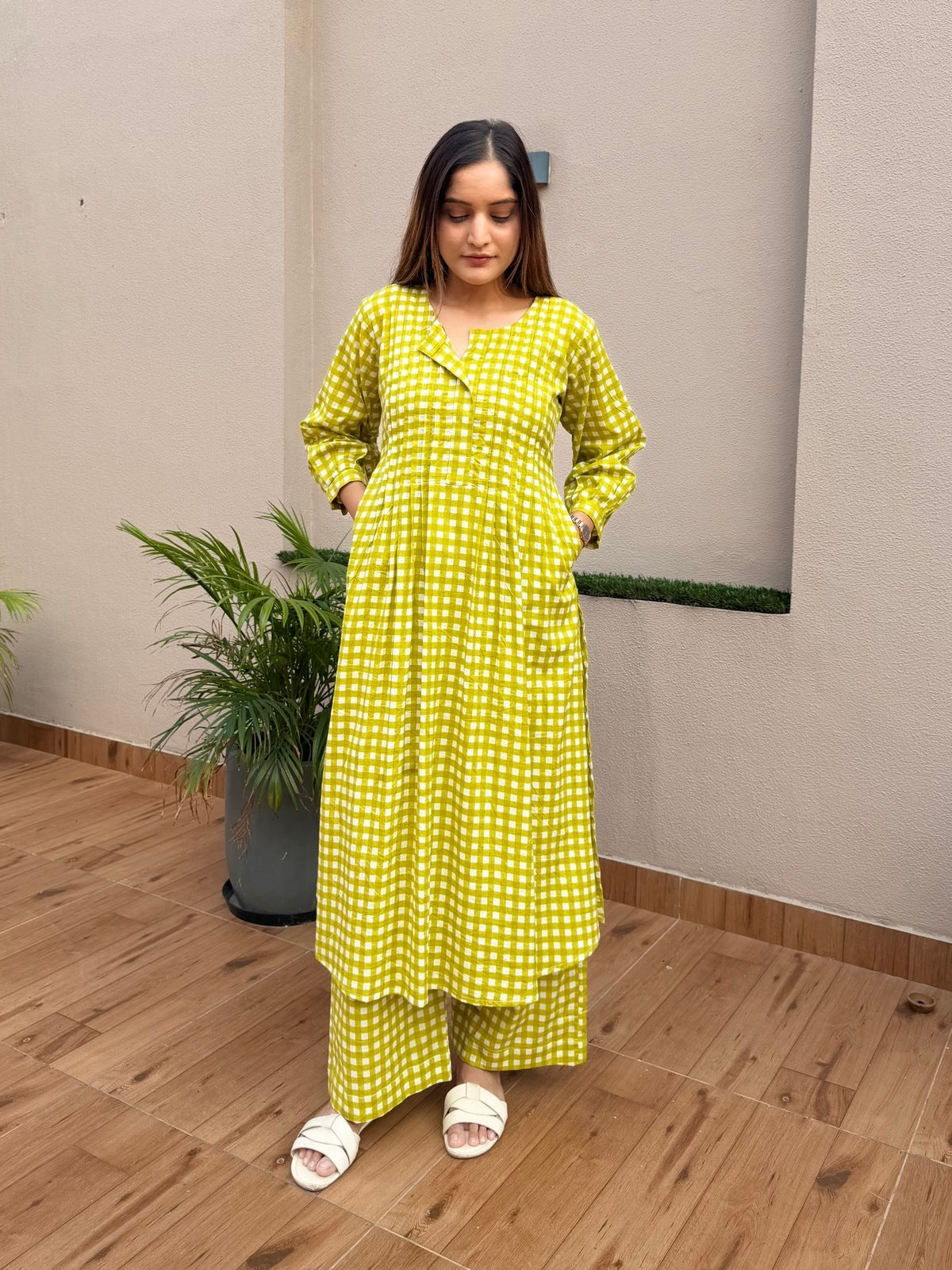 Green Checks Printed Kurta Set