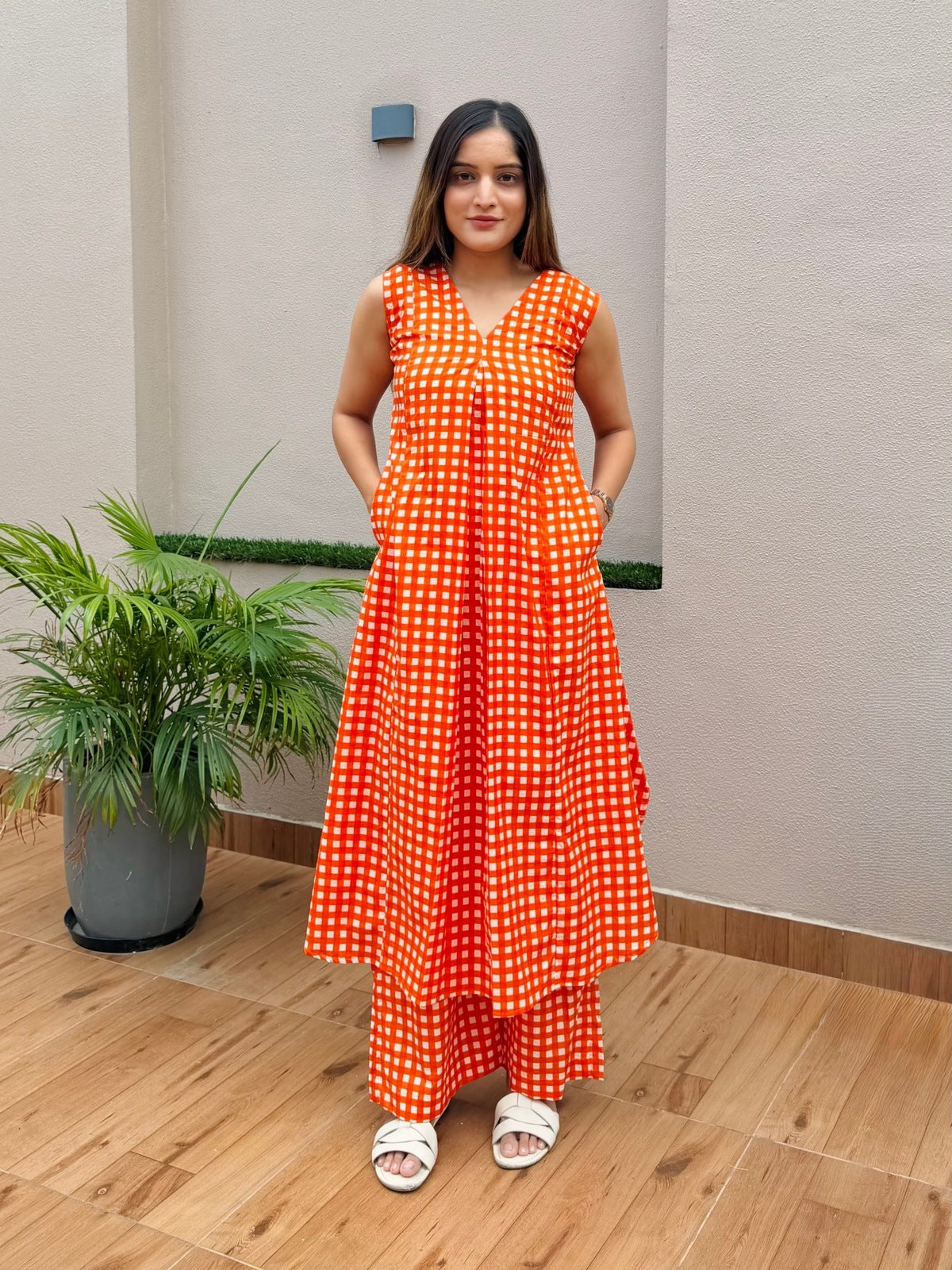 Orange Checks Printed Kurta Set