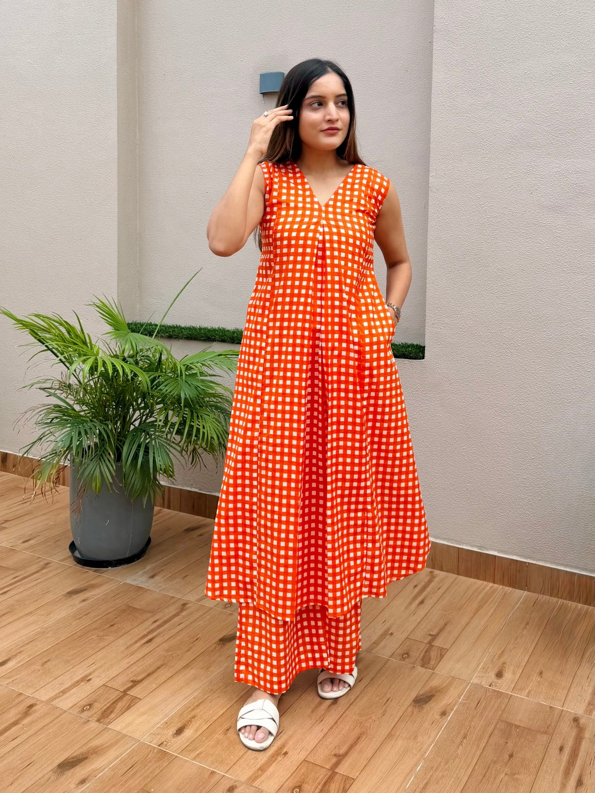 Orange Checks Printed Kurta Set
