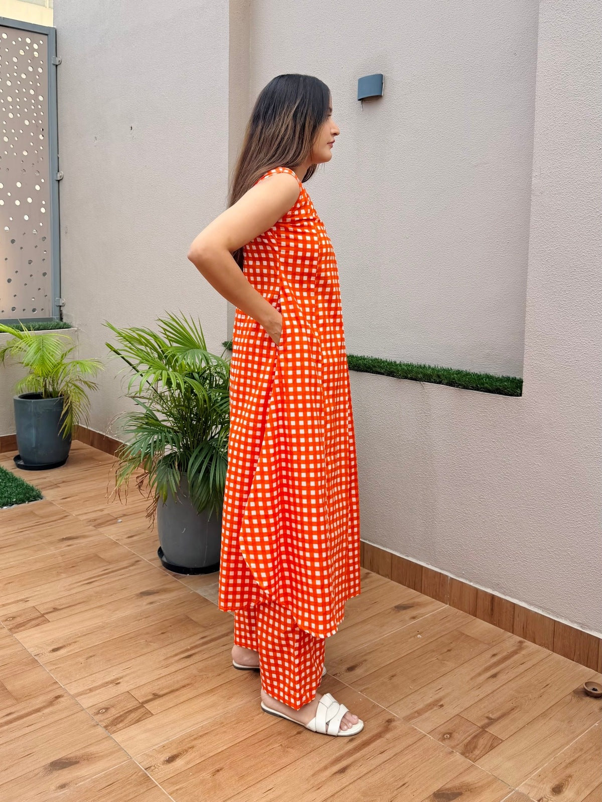Orange Checks Printed Kurta Set