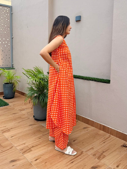 Orange Checks Printed Kurta Set