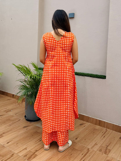 Orange Checks Printed Kurta Set