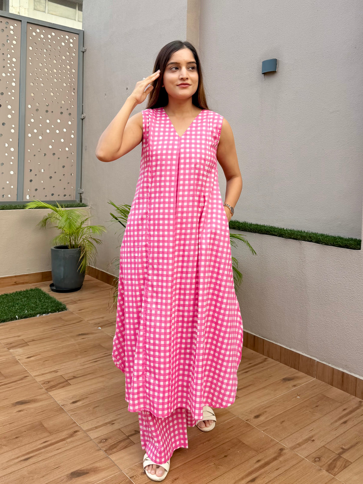 Pink Checks Printed Kurta Set