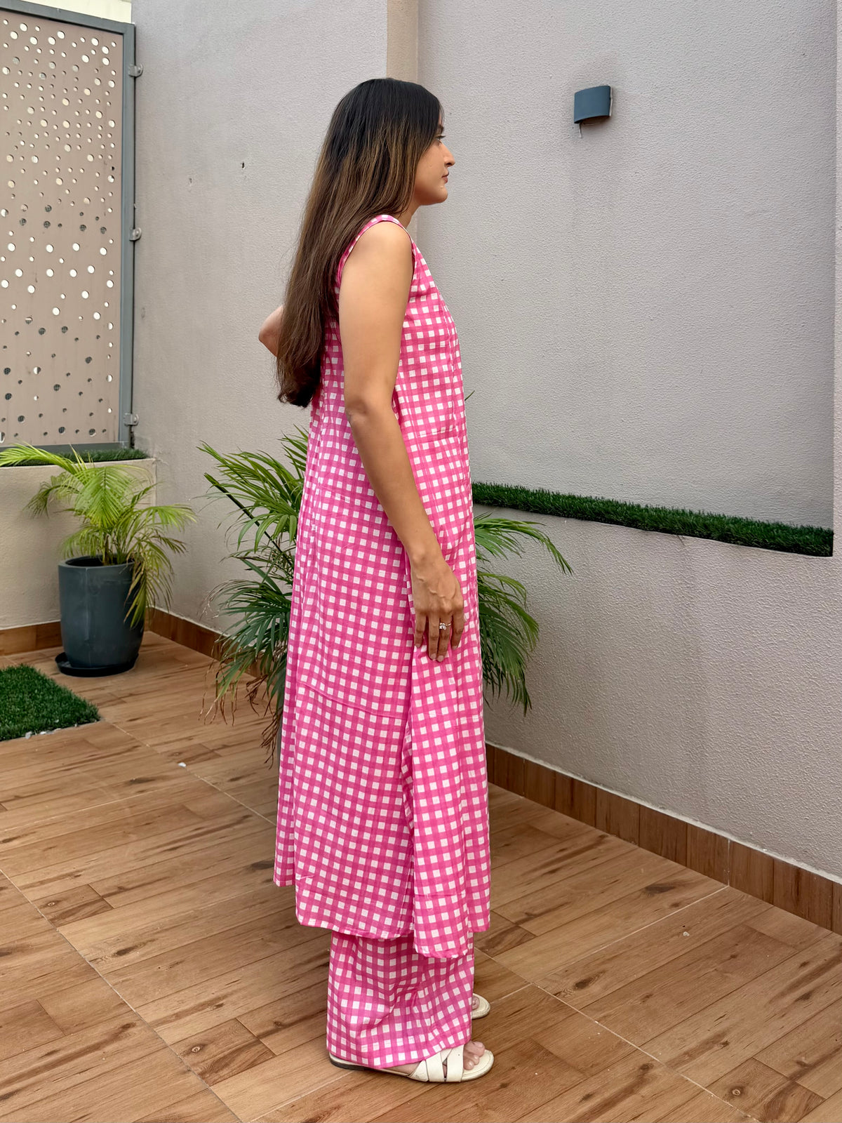 Pink Checks Printed Kurta Set