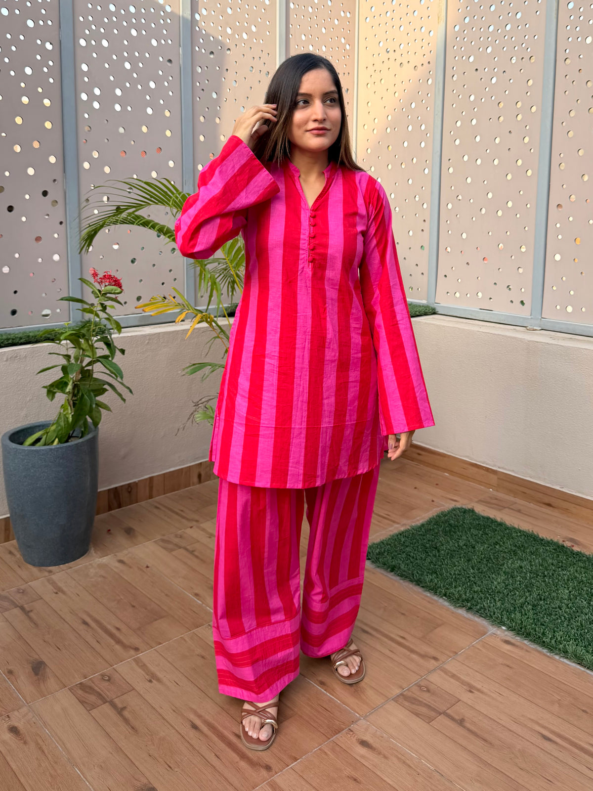 Red & Pink Stripes Farshi Cord Set