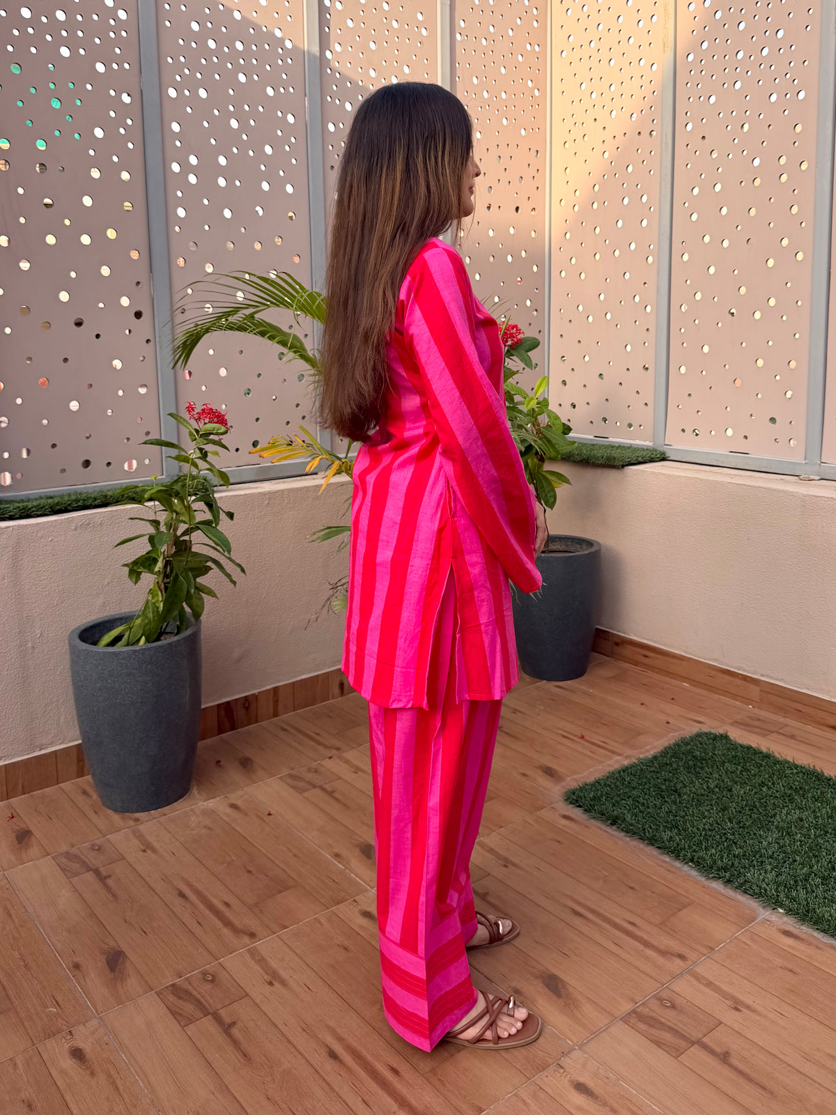 Red & Pink Stripes Farshi Cord Set