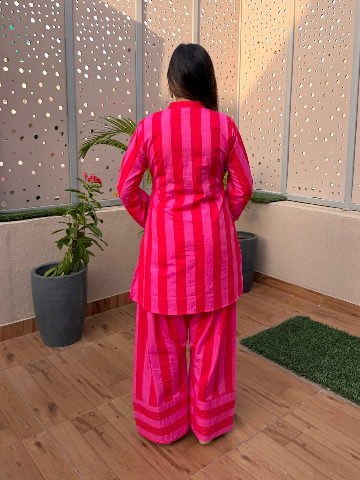 Red & Pink Stripes Farshi Cord Set