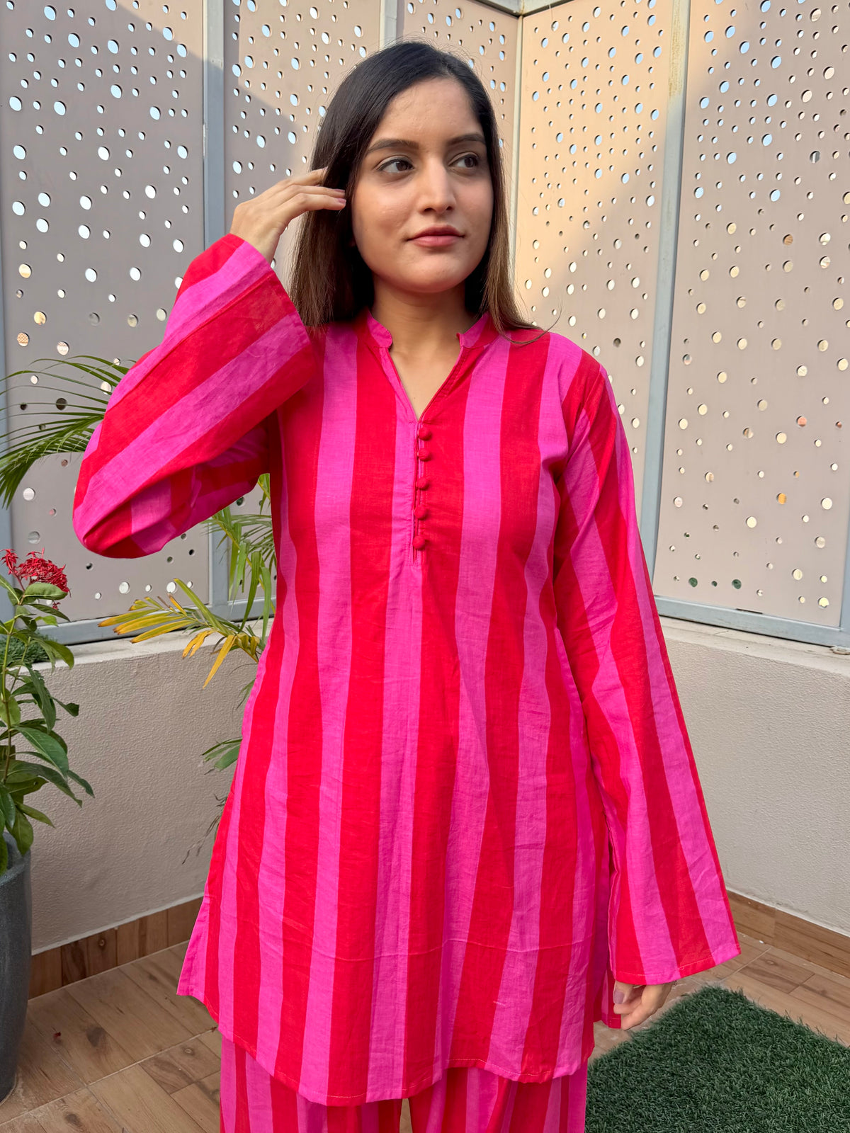 Red & Pink Stripes Farshi Cord Set
