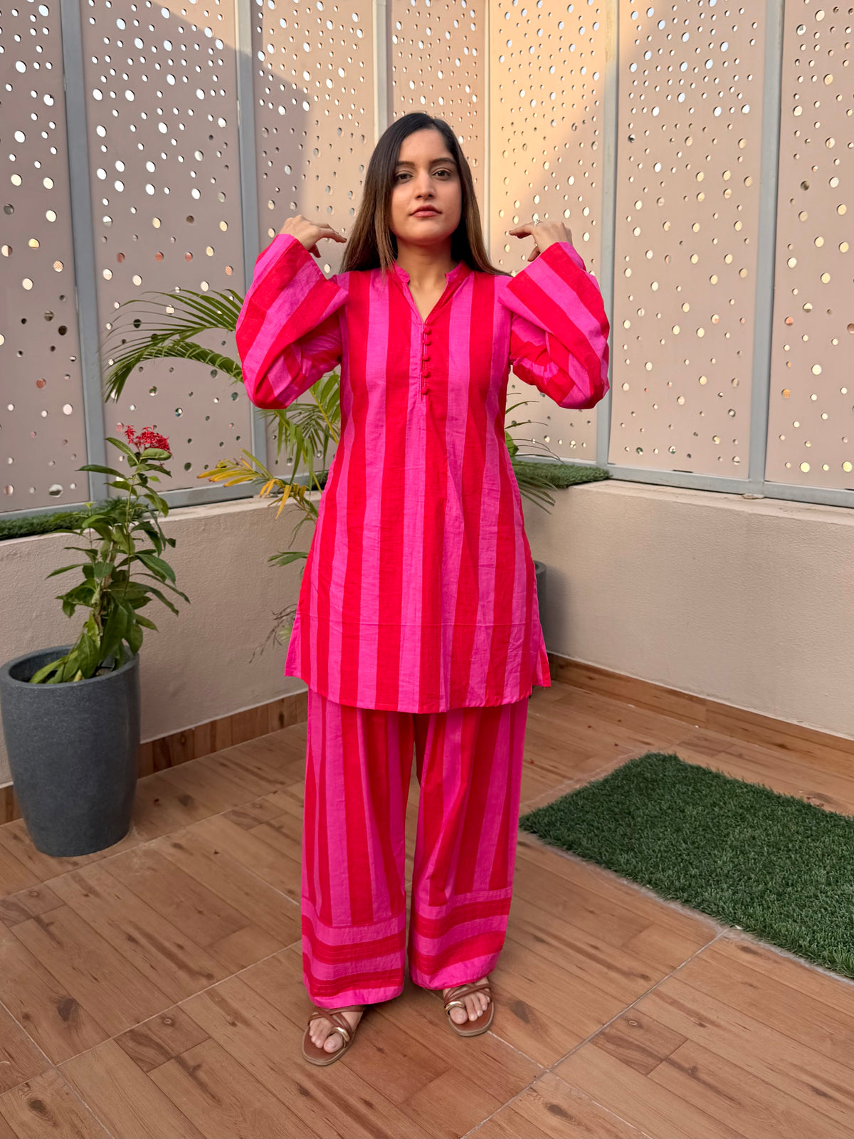 Red & Pink Stripes Farshi Cord Set